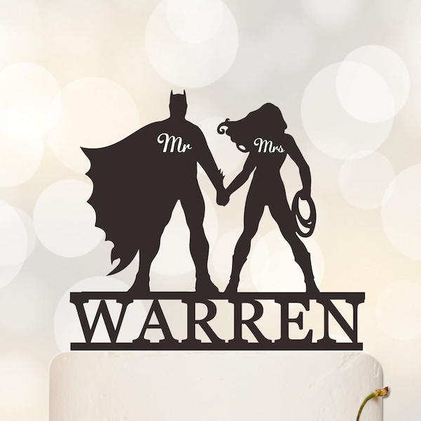 SuperHero Wedding Cake Topper, SuperHero Theme Decor, Couple Cake Topper, Superhero Silhouette, Mr Mrs Cake Topper, Funny Cake Topper c375