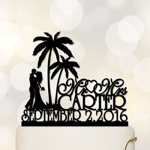 Mr & Mrs Wedding Cake Topper With Last Name,Beach Cake Topper,Acrylic Decoration,Palm Tree Topper,Custom Topper,Personalized Topper C134
