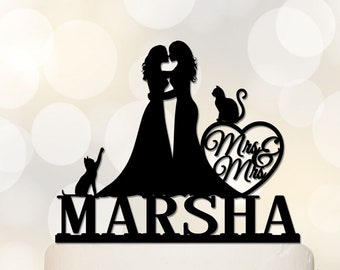 Lesbian Cake Topper | Same Sex Wedding Cake Topper | Lesbian Silhouette | Mrs And Mrs Cake Topper With Cat | Same Sex Wedding C364