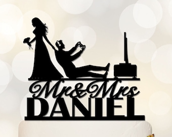 Game Cake Topper | Gamer Wedding Cake Topper | Video Game Control Cake Topper | Bride Dragging Groom Cake Topper | Couple Cake Topper C348
