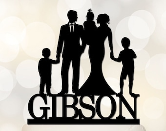 Family Wedding Cake Topper,Groom and Bride holding a baby girl with two boys Topper,Custom Cake Topper,Personalized last name Topper C146