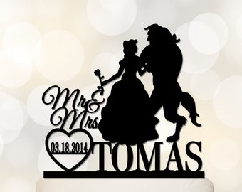 Mr & Mrs Cake Topper With Last Name,Beauty And Beast,Custom Cake Topper,Disney Style Cake Topper,Unique Cake Topper- c059