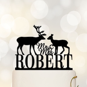 laser cut Engraved Cake Topper for Weddings, Mr Mrs Wedding Cake Topper, Deer Cake Topper, Wooden Cake Topper, Rustic Cake Topper - c065