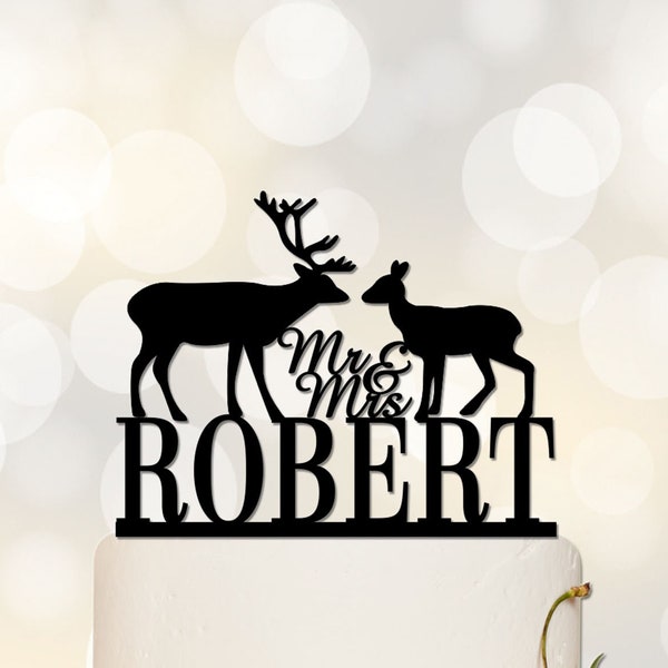 laser gesneden gegraveerde Cake Topper voor bruiloften, de heer mevrouw Wedding Cake Topper, Hertentaart Topper, Houten Cake Topper, Rustieke Cake Topper - c065