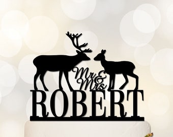 laser cut Engraved Cake Topper for Weddings, Mr Mrs Wedding Cake Topper, Deer Cake Topper, Wooden Cake Topper, Rustic Cake Topper - c065