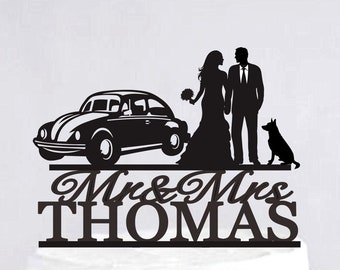 Beatles Wedding Cake Topper | Vintage Car Cake Topper With Bride And Groom | Personalized Mr And Mrs Cake Topper C331