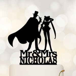 Wedding Cake Topper,Sailor Moon & Tuxedo Mask Silhouette,Custom Cake Topper,Mr And Mrs Cake Topper With Last Name C085