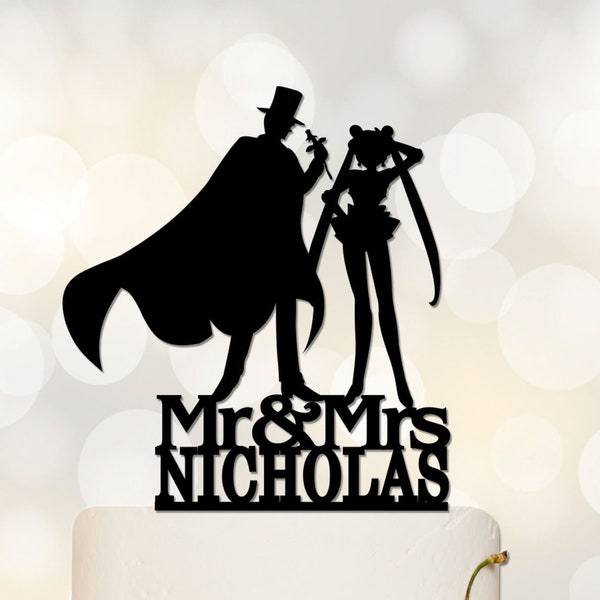 Wedding Cake Topper,Sailor Moon & Tuxedo Mask Silhouette,Custom Cake Topper,Mr And Mrs Cake Topper With Last Name C085