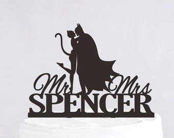 Wedding Cake Topper, Super Hero Theme Decor, Couple Cake Topper, Superhero Silhouette, Mr Mrs Cake Topper, Funny Cake Topper C389