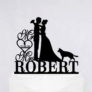 Personalized Wedding Cake Topper With Dog | Custom Dog Cake Topper | Bride And Groom Cake Topper | Mr And Mrs Cake Topper C298