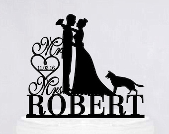 Personalized Wedding Cake Topper With Dog | Custom Dog Cake Topper | Bride And Groom Cake Topper | Mr And Mrs Cake Topper C298