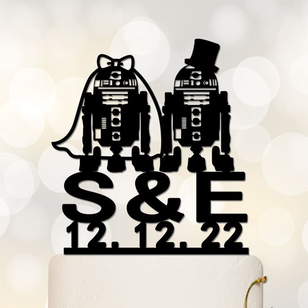 Wedding Cake Topper,Robot Cake Topper,StarWar Cake Topper,R2D2 Cake Topper, Initial Cake Topper,Personalized Cake Topper-I031