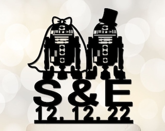 Wedding Cake Topper,Robot Cake Topper,StarWar Cake Topper,R2D2 Cake Topper, Initial Cake Topper,Personalized Cake Topper-I031