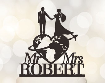 Travel themed Wedding Cake Topper, Mr & Mrs Cake Topper, Last Name Cake Topper, Personalized travelling Bride and Groom Cake Topper C171
