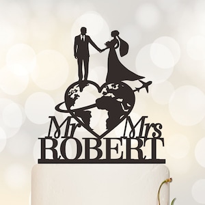 Travel themed Wedding Cake Topper, Mr & Mrs Cake Topper, Last Name Cake Topper, Personalized travelling Bride and Groom Cake Topper C171