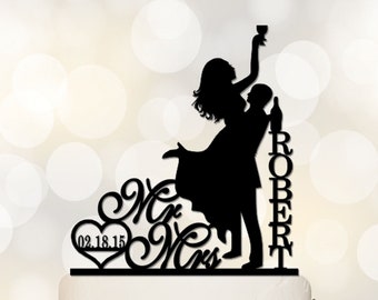 Wedding cake topper,Drunk Bride Cake Topper,Custom Cake Topper,Bride And Groom Silhouette,Funny Cake Topper,Mr and Mrs Cake Topper C130