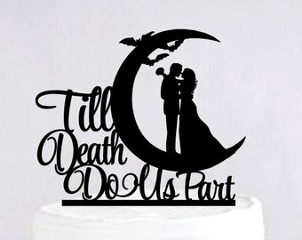 Moon Cake Topper | Halloween Bruidstaart Topper | Tot de dood ons deel trouwt | Bruid en Bruidegom Cake Topper | Aangepaste Cake Topper C367