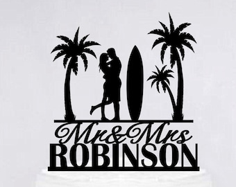 Surfers Wedding Cake Topper | Beach Cake Topper | Surfboard Cake Topper | Palm Tree Cake Topper | Custom Surfing Cake Topper C321