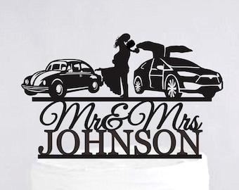 Beatles And Tesla Car Wedding Cake Topper | Classic Automotive Car Cake Topper | Bride And Groom Cake Toppe With Car C332