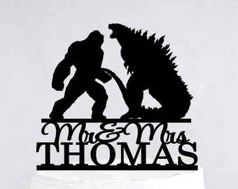 Monster Wedding Cake Topper, Custom Cake Topper, Godzilla Theme Wedding, Monster Party Decor, Mr And Mrs Cake Topper C391