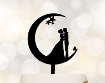 Wedding Cake Topper, Moon and Stars Cake Topper,Acrylic Cake Topper,Bride and Groom Silhouette,Custom Cake Topper P151