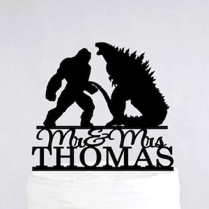 Monster Wedding Cake Topper, Custom Cake Topper, Godzilla Theme Wedding, Monster Party Decor, Mr And Mrs Cake Topper C391