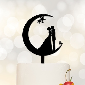 Wedding Cake Topper, Moon and Stars Cake Topper,Acrylic Cake Topper,Bride and Groom Silhouette,Custom Cake Topper P151