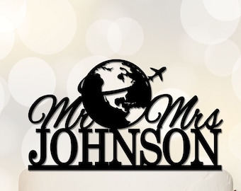 Travel themed Wedding Cake Topper, Mr & Mrs Cake Topper, Last Name Cake Topper, Map Cake Topper,Personalized travelling Cake Topper C201