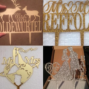 May include: Four different cake toppers featuring a variety of designs. The first topper is made of wood and features two deer with the text "Mr. & Mrs. Oldewurtel". The second topper is made of gold glitter and features the text "Mr. & Mrs. Reffoli". The third topper is made of gold mirror acrylic and features a couple standing on a globe with the text "Mr. & Mrs.". The fourth topper is made of silver glitter and features a couple standing with the text "Mr. & Mrs. Bante".