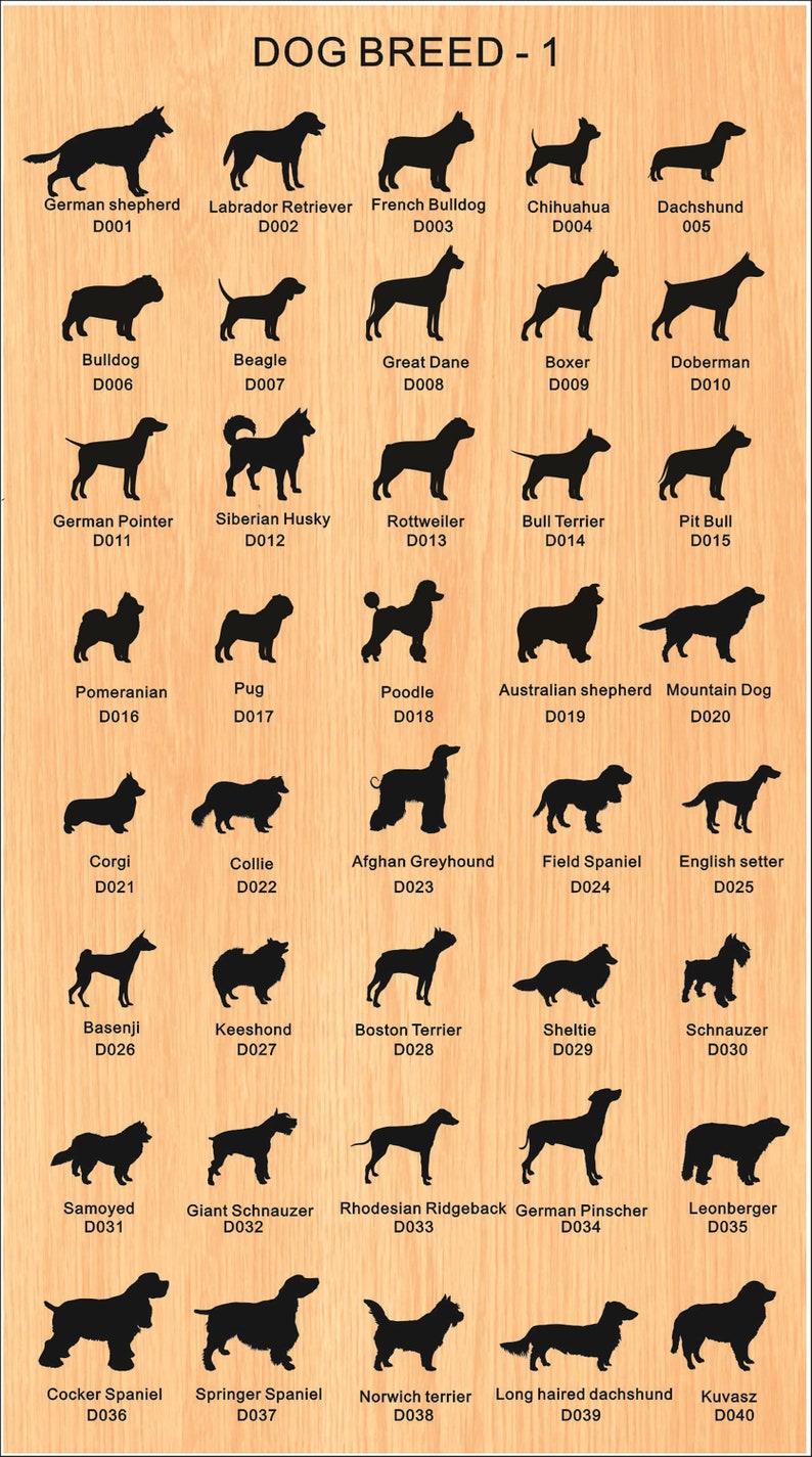 May include: A chart of 40 different dog breeds with their names and numbers. The chart is on a wood background.