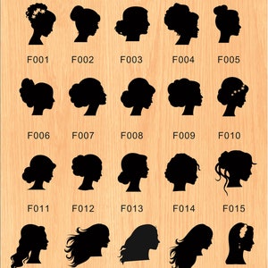 May include: Twenty black and white silhouette images of different hairstyles for a bride. Each image is labeled with a number from F001 to F020.
