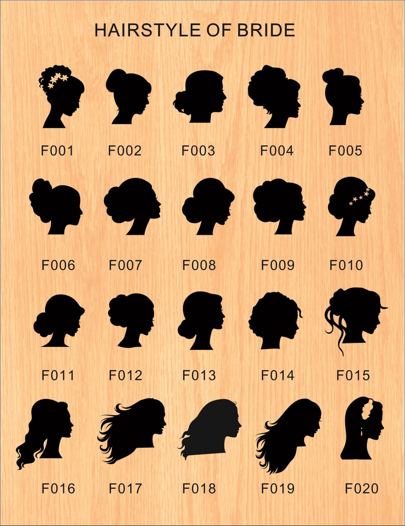 May include: Twenty black and white silhouette images of different hairstyles for a bride. Each image is labeled with a number from F001 to F020.