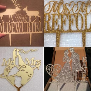 May include: Four different cake toppers featuring a variety of designs. The first topper is made of wood and features two deer with the text "Mr. & Mrs. Oldewurtel". The second topper is made of gold glitter and features the text "Mr. & Mrs. Reffoli". The third topper is made of gold mirror acrylic and features a couple standing on a globe with the text "Mr. & Mrs.". The fourth topper is made of silver glitter and features a couple standing with the text "Mr. & Mrs. Bante".