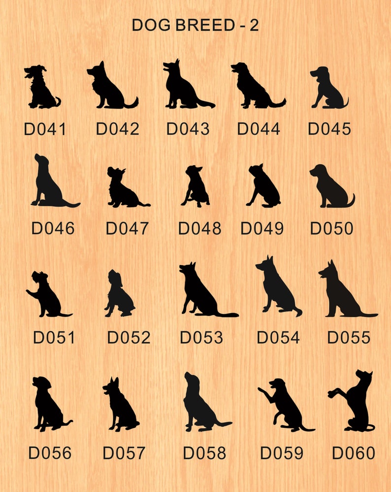 May include: A chart with silhouettes of 20 different dog breeds. The chart is labeled "DOG BREED - 2" and each silhouette is numbered from D041 to D060.