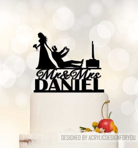 Game Cake Topper | Gamer Wedding Cake Topper | Video Game Control Cake Topper | Bride Dragging Groom Cake Topper | Couple Cake Topper C348