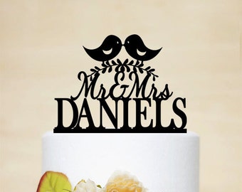 Love Birds Wedding Cake Topper, Personalized Wedding Cake Topper With Your Last Name,Mr and Mrs,Custom wedding cake topper-C031