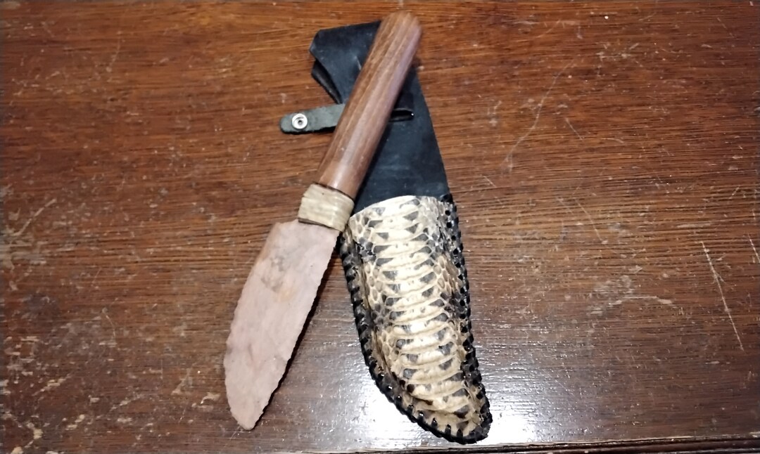 Native American Style Flint Knife With Hickory Wood Handle in A Water