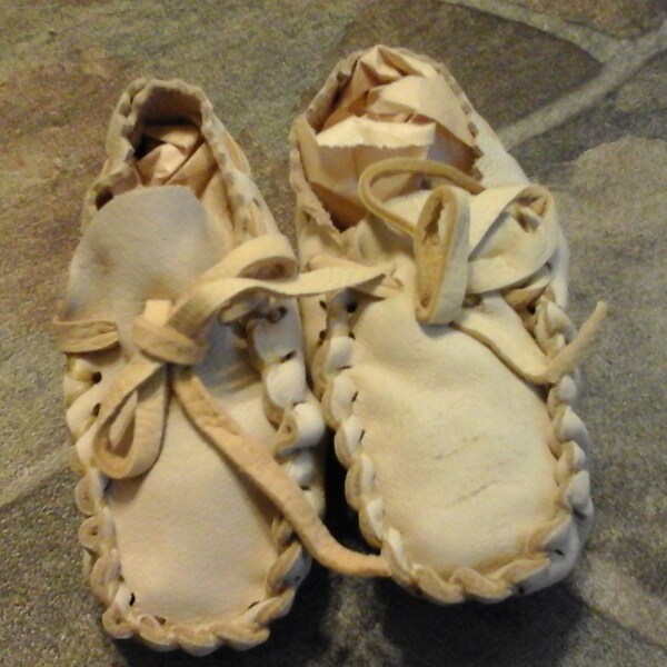 Native American Style Baby Moccasins Soft Buckskin Deer Leather Soft Cream Handmade In USA