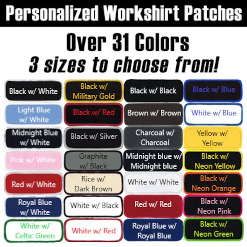 Op de afbeelding: Een tabel met 31 kleurcombinaties voor gepersonaliseerde werkshirt-patches. De tabel toont verschillende kleurcombinaties voor de patches, waaronder zwart en wit, zwart en rood, en wit en blauw. De tekst "Meer dan 31 kleuren" en "3 maten om uit te kiezen!" wordt bovenaan de tabel weergegeven.