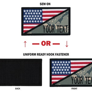 May include: Sew-on or hook and loop fastener patch featuring a US flag and camouflage pattern with the text "YOUR TEXT".