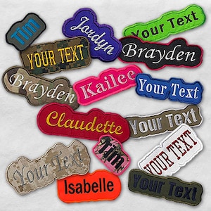 May include: A collection of embroidered name patches in various colors and patterns. Some patches display names like "Jordyn," "Brayden," and "Kailee," while others have "Your Text." The patches feature different fonts and border styles.
