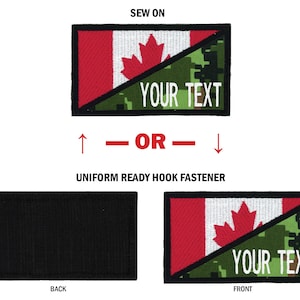 May include: Canadian flag patch with a camouflage pattern and the text "YOUR TEXT". The patch can be sewn on or attached with a hook and loop fastener.