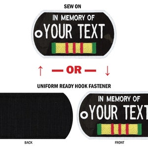 May include: Black and green embroidered patch with white text that reads "IN MEMORY OF YOUR TEXT". The patch features a yellow, red, and green ribbon. The back of the patch is black.