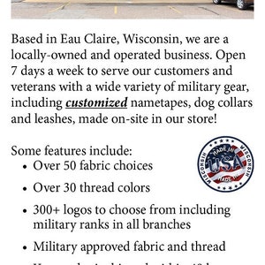 Op de afbeelding: Een winkelpui voor een militaire surplus- en overlevingswinkel genaamd "Northern Army Navy Surplus & Survival". De winkel is gevestigd in Eau Claire, Wisconsin en biedt een breed scala aan militaire uitrusting, waaronder gepersonaliseerde naambandjes, hondenhalsbanden en riemen. De winkel is 7 dagen per week geopend en biedt meer dan 50 stoffenkeuzes, meer dan 30 garenkleuren en meer dan 300 logo's om uit te kiezen, inclusief militaire rangen in alle takken. De winkel biedt ook door het leger goedgekeurde stoffen en garen aan. Bestellingen worden binnen 48 uur verzonden en zijn gegarandeerd.