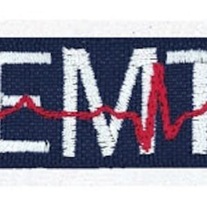 May include: A blue and white embroidered patch with the word "EMT" and a red EKG line. The patch features two blue and yellow medical symbols.