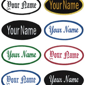 May include: Eight oval-shaped embroidered patches with the text "Your Name" in different fonts and colors. The patches have black, white, gold, green, red, and blue borders.