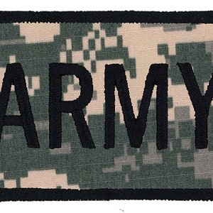 May include: A black patch with a camouflage background and the word "ARMY" in black lettering.