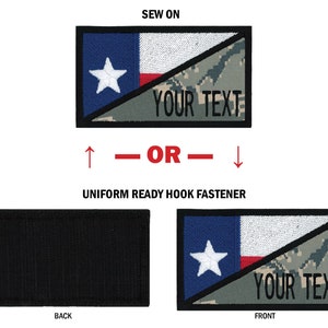 May include: Sew-on or hook and loop patch featuring a Texas flag design with a camouflage background. The patch has a black border and the text "YOUR TEXT" is embroidered on the camouflage section. The back of the patch is black.