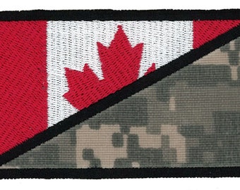 May include: A black and white embroidered patch with a Canadian flag on the left side and a camouflage pattern on the right side. The flag is a red maple leaf on a white background with a red stripe on the left side.