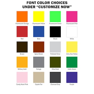 Op de afbeelding: Een grafiek met 16 verschillende kleurkeuzes voor het aanpassen van tekst. De kleuren omvatten fluorescerend oranje, fluorescerend geel, fluorescerend groen, fluorescerend roze, rood, blauw, zwart, wit, bruin, specerijbruin, gepolijst zilver, legerstergeel, militair goud, loof, olijfgroen, Keltisch groen, snoephartroze, coyotebruin, antracietgrijs en paars.